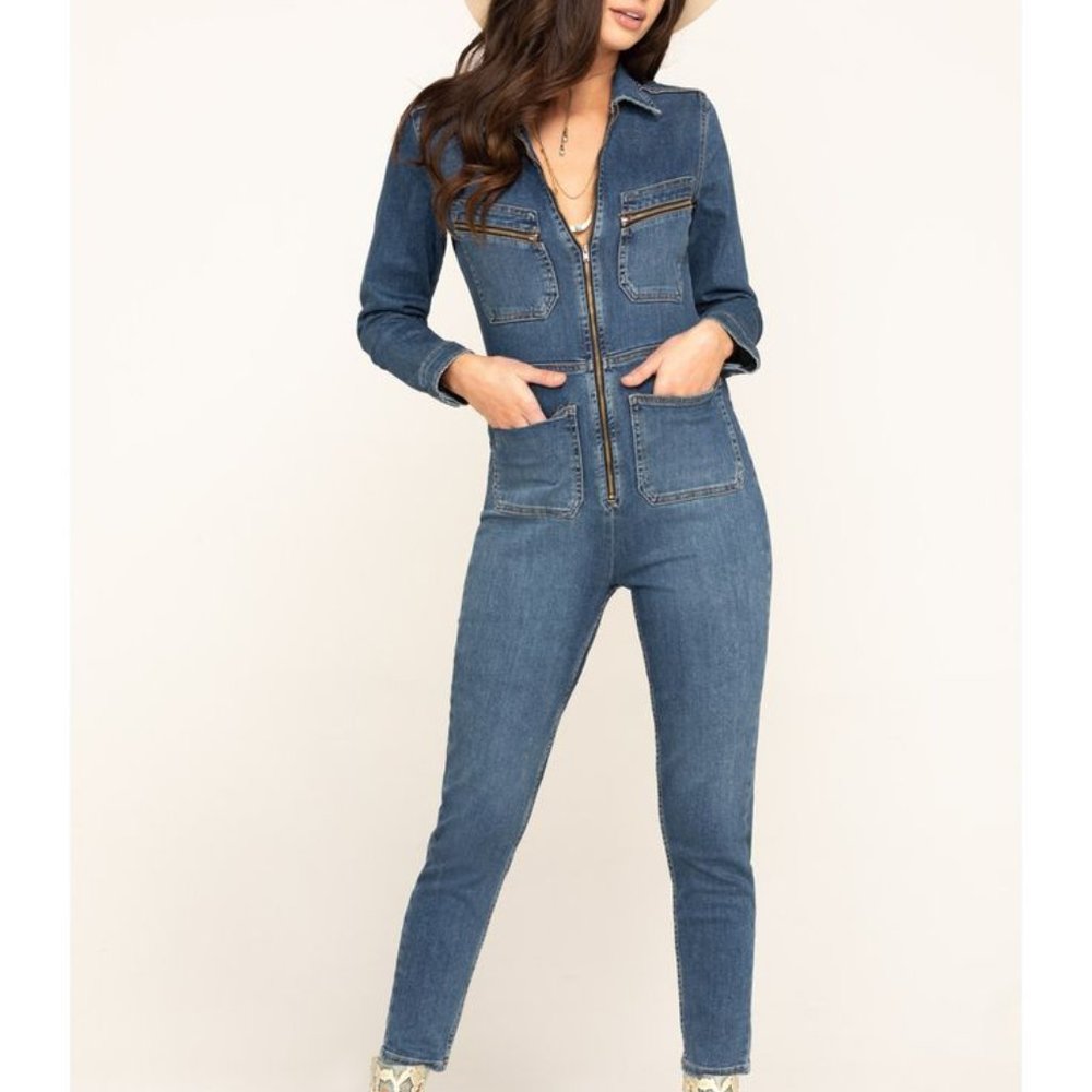 Free People Lenox Denim Jumpsuit SZ S